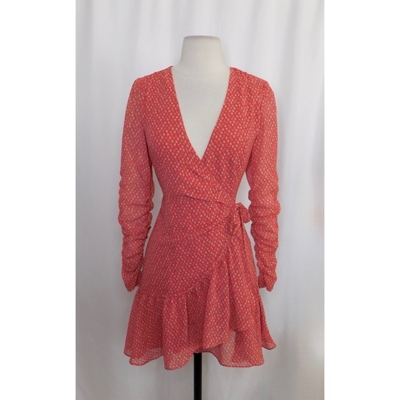 ALLSAINTS Flores Heart Print Wrap Dress Ruched Ruffle Red All Saints X-Small - Picture 3 of 16